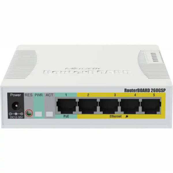 Коммутатор Mikrotik RB260GSP CSS106-1G-4P-1S (1000 Base-TX (1000 мбит/с), 1 SFP порт)